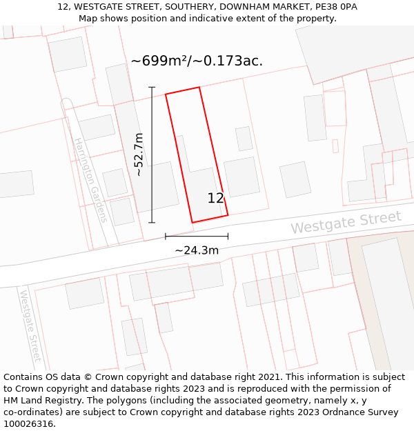 12, WESTGATE STREET, SOUTHERY, DOWNHAM MARKET, PE38 0PA: Plot and title map