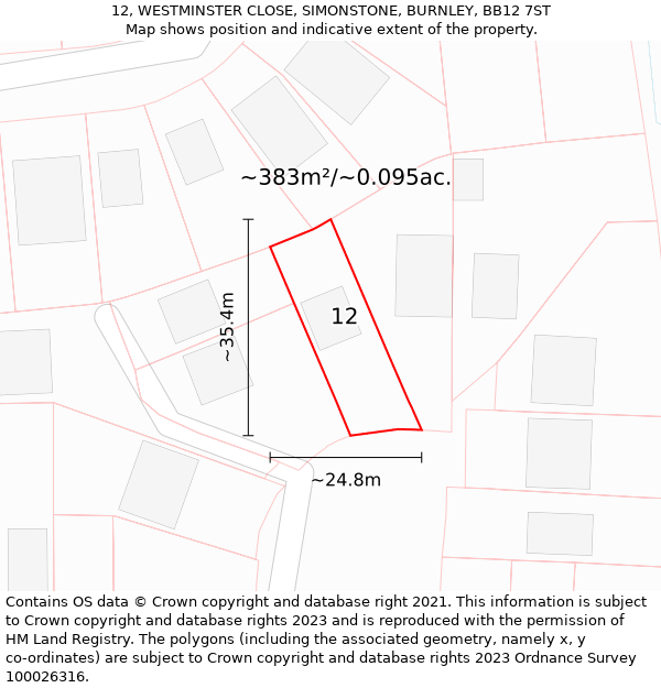 12, WESTMINSTER CLOSE, SIMONSTONE, BURNLEY, BB12 7ST: Plot and title map