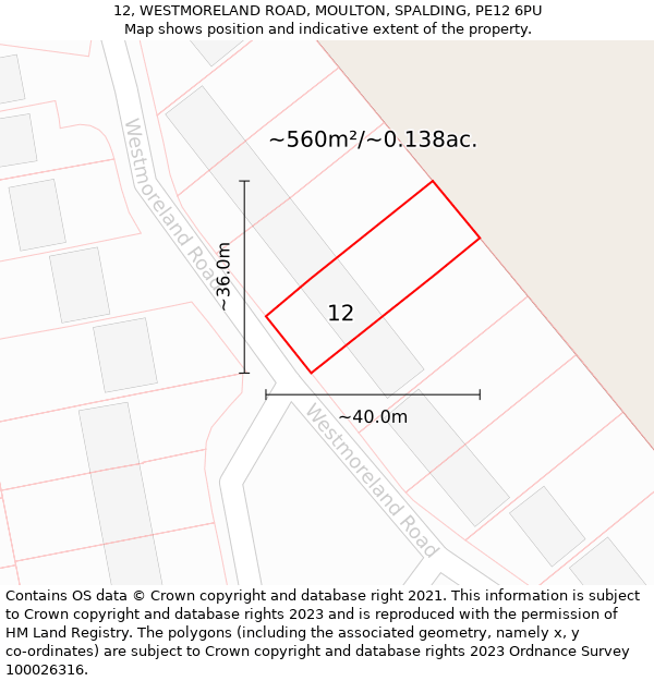 12, WESTMORELAND ROAD, MOULTON, SPALDING, PE12 6PU: Plot and title map