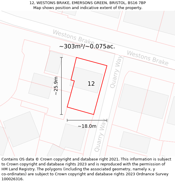 12, WESTONS BRAKE, EMERSONS GREEN, BRISTOL, BS16 7BP: Plot and title map