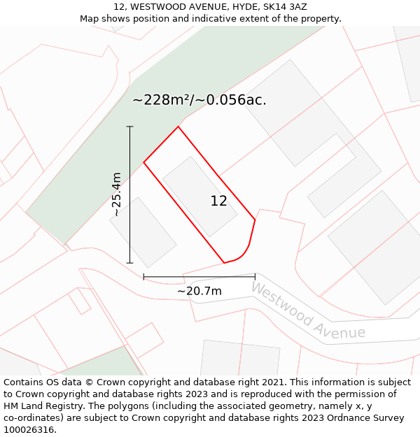 12, WESTWOOD AVENUE, HYDE, SK14 3AZ: Plot and title map