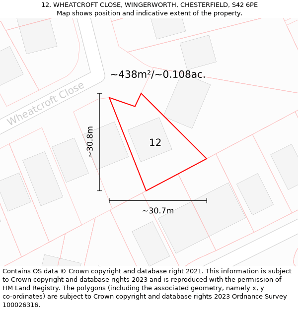 12, WHEATCROFT CLOSE, WINGERWORTH, CHESTERFIELD, S42 6PE: Plot and title map