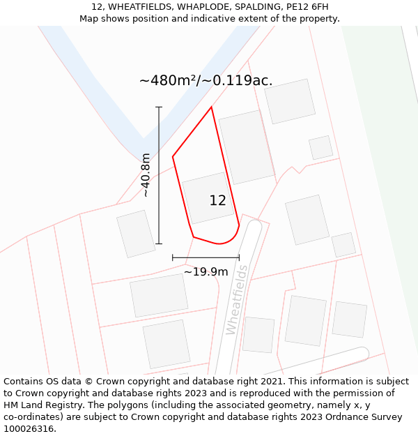 12, WHEATFIELDS, WHAPLODE, SPALDING, PE12 6FH: Plot and title map