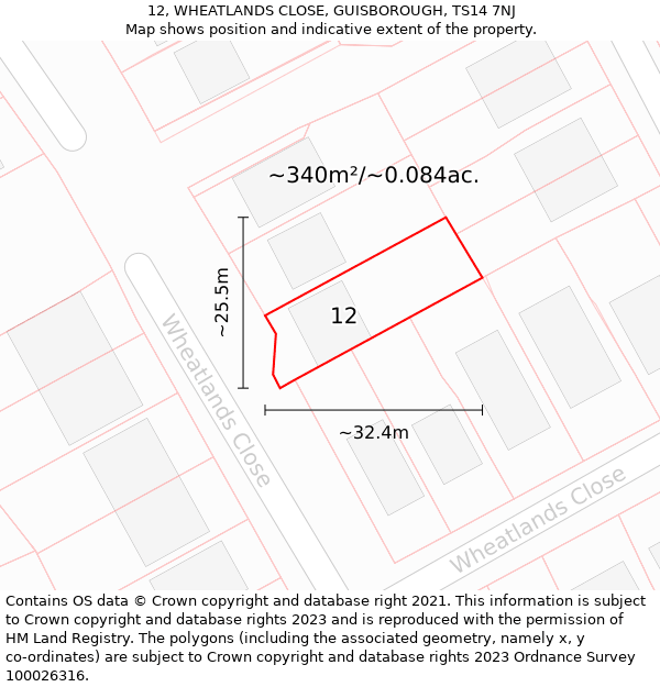 12, WHEATLANDS CLOSE, GUISBOROUGH, TS14 7NJ: Plot and title map