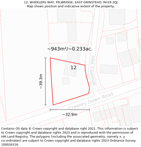 12, WHEELERS WAY, FELBRIDGE, EAST GRINSTEAD, RH19 2QJ: Plot and title map