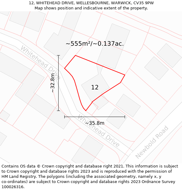 12, WHITEHEAD DRIVE, WELLESBOURNE, WARWICK, CV35 9PW: Plot and title map