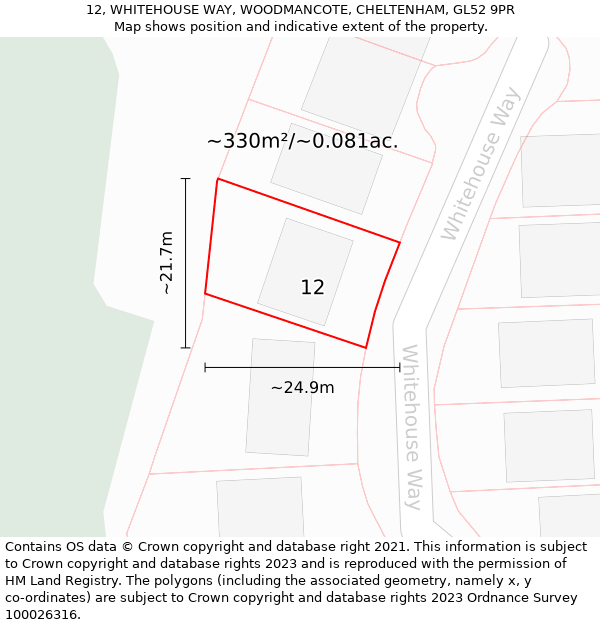 12, WHITEHOUSE WAY, WOODMANCOTE, CHELTENHAM, GL52 9PR: Plot and title map