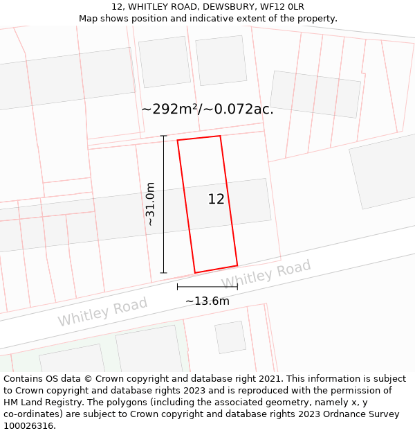 12, WHITLEY ROAD, DEWSBURY, WF12 0LR: Plot and title map