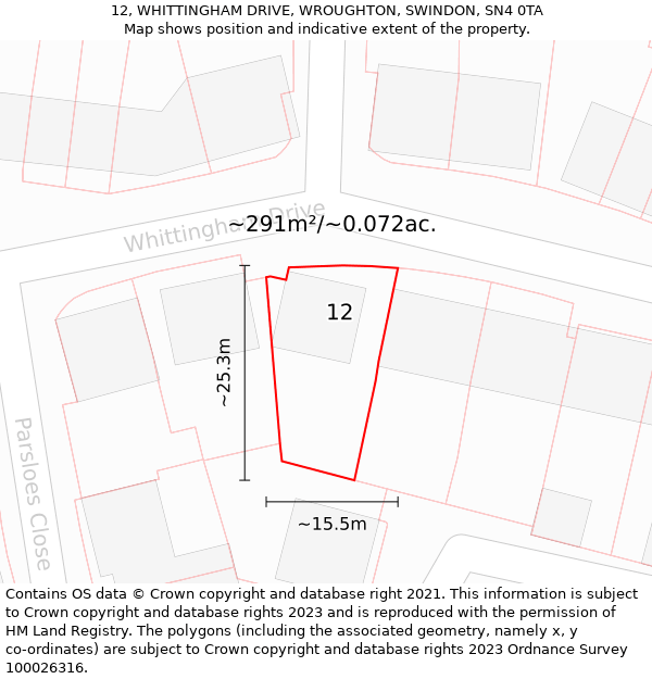 12, WHITTINGHAM DRIVE, WROUGHTON, SWINDON, SN4 0TA: Plot and title map