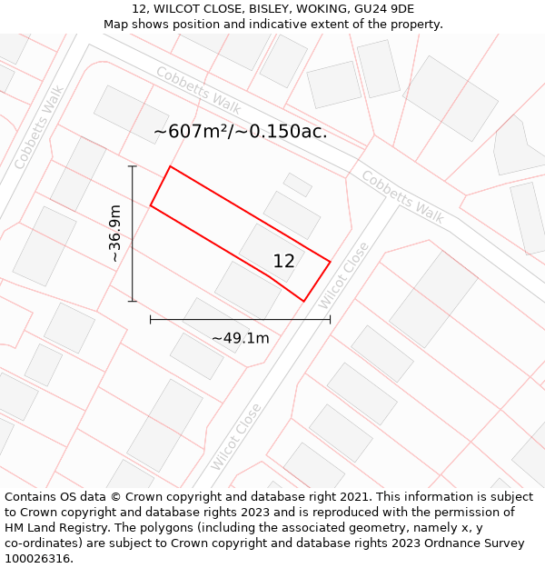 12, WILCOT CLOSE, BISLEY, WOKING, GU24 9DE: Plot and title map