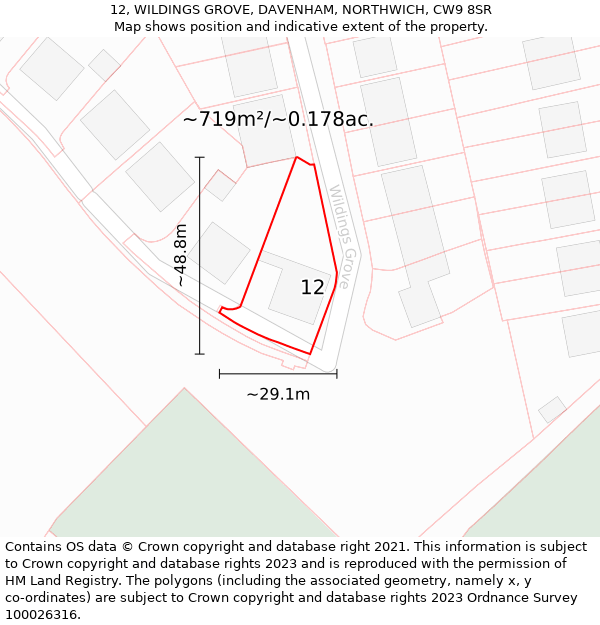 12, WILDINGS GROVE, DAVENHAM, NORTHWICH, CW9 8SR: Plot and title map