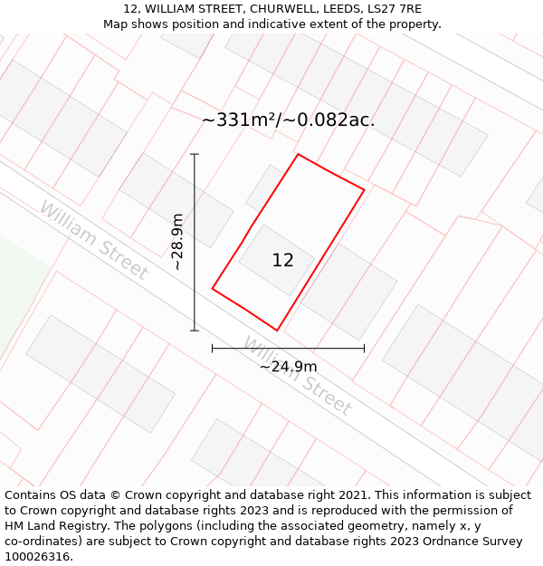 12, WILLIAM STREET, CHURWELL, LEEDS, LS27 7RE: Plot and title map