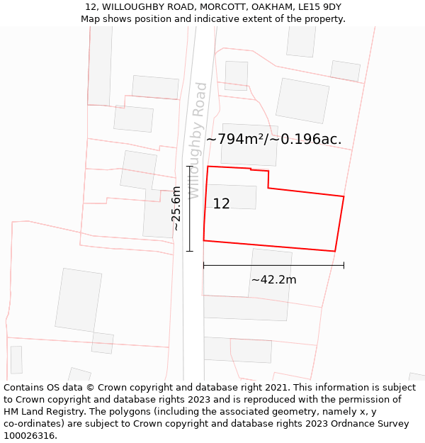 12, WILLOUGHBY ROAD, MORCOTT, OAKHAM, LE15 9DY: Plot and title map