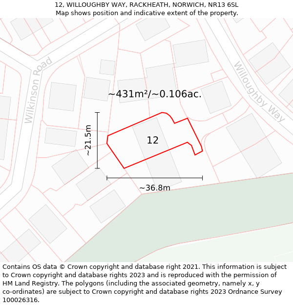 12, WILLOUGHBY WAY, RACKHEATH, NORWICH, NR13 6SL: Plot and title map