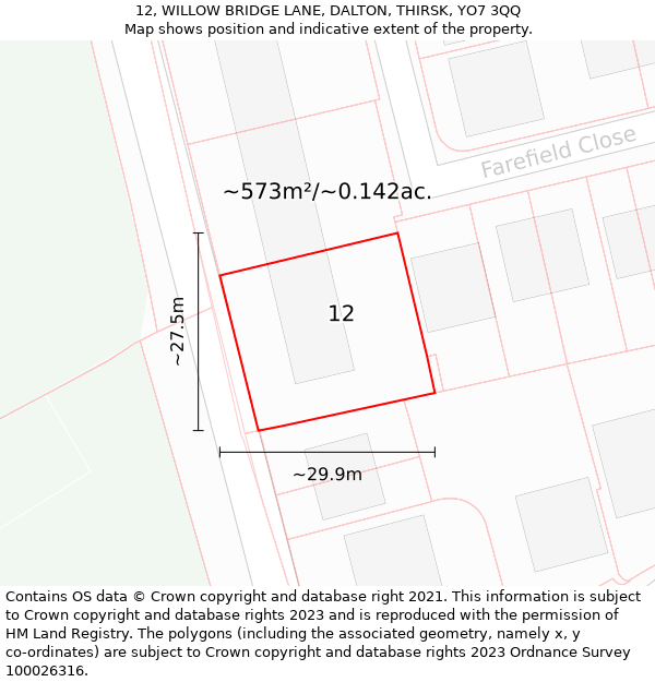 12, WILLOW BRIDGE LANE, DALTON, THIRSK, YO7 3QQ: Plot and title map