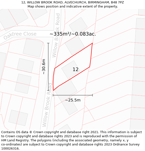 12, WILLOW BROOK ROAD, ALVECHURCH, BIRMINGHAM, B48 7PZ: Plot and title map