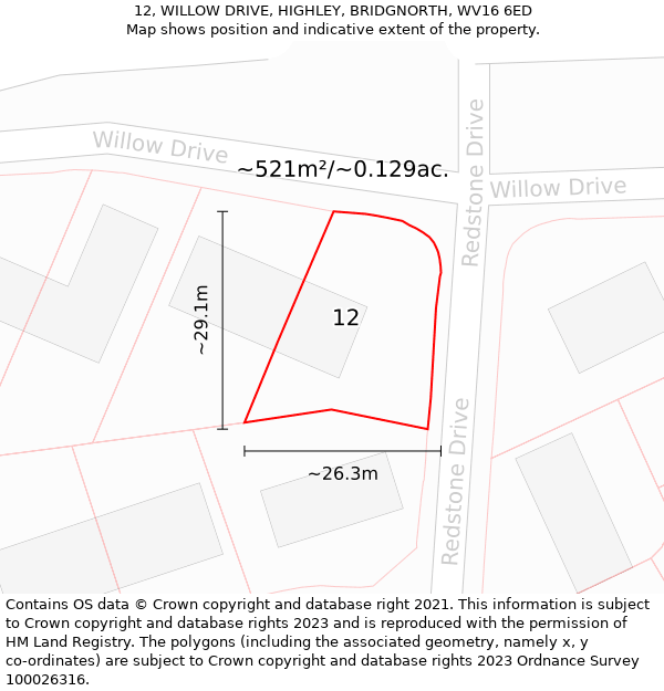 12, WILLOW DRIVE, HIGHLEY, BRIDGNORTH, WV16 6ED: Plot and title map