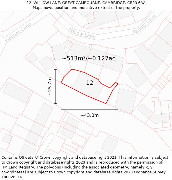 12, WILLOW LANE, GREAT CAMBOURNE, CAMBRIDGE, CB23 6AA: Plot and title map