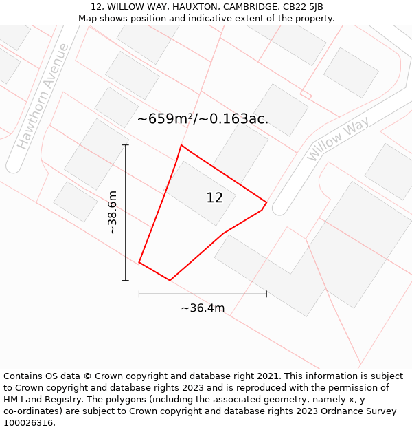 12, WILLOW WAY, HAUXTON, CAMBRIDGE, CB22 5JB: Plot and title map