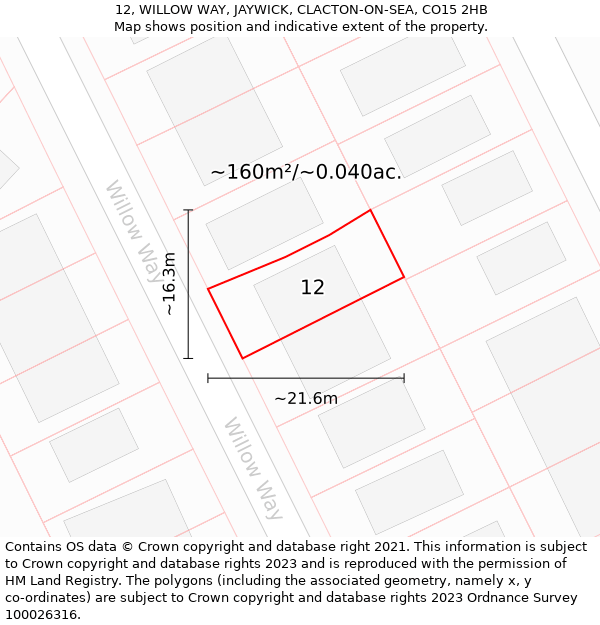 12, WILLOW WAY, JAYWICK, CLACTON-ON-SEA, CO15 2HB: Plot and title map
