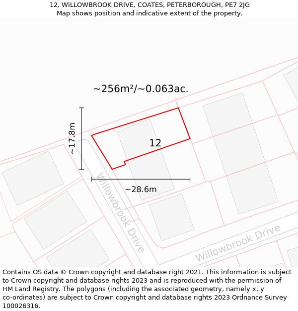 12, WILLOWBROOK DRIVE, COATES, PETERBOROUGH, PE7 2JG: Plot and title map