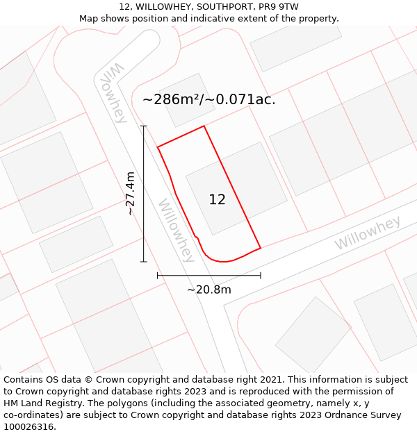 12, WILLOWHEY, SOUTHPORT, PR9 9TW: Plot and title map