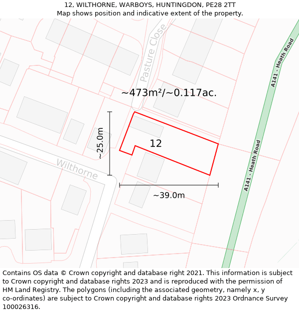 12, WILTHORNE, WARBOYS, HUNTINGDON, PE28 2TT: Plot and title map