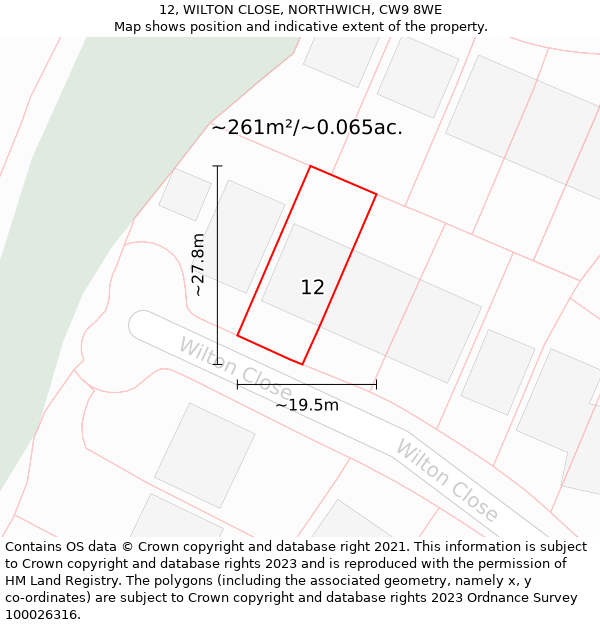 12, WILTON CLOSE, NORTHWICH, CW9 8WE: Plot and title map