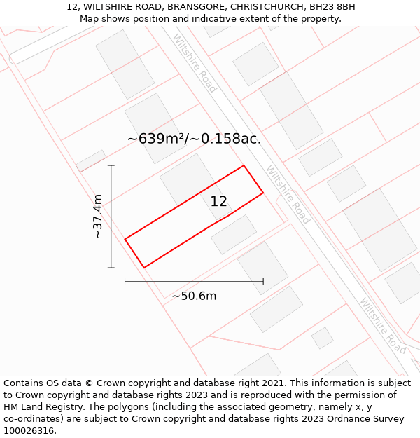 12, WILTSHIRE ROAD, BRANSGORE, CHRISTCHURCH, BH23 8BH: Plot and title map