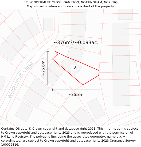 12, WINDERMERE CLOSE, GAMSTON, NOTTINGHAM, NG2 6PQ: Plot and title map