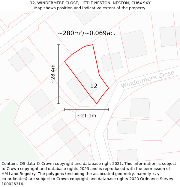 12, WINDERMERE CLOSE, LITTLE NESTON, NESTON, CH64 9XY: Plot and title map