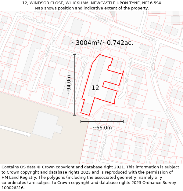 12, WINDSOR CLOSE, WHICKHAM, NEWCASTLE UPON TYNE, NE16 5SX: Plot and title map