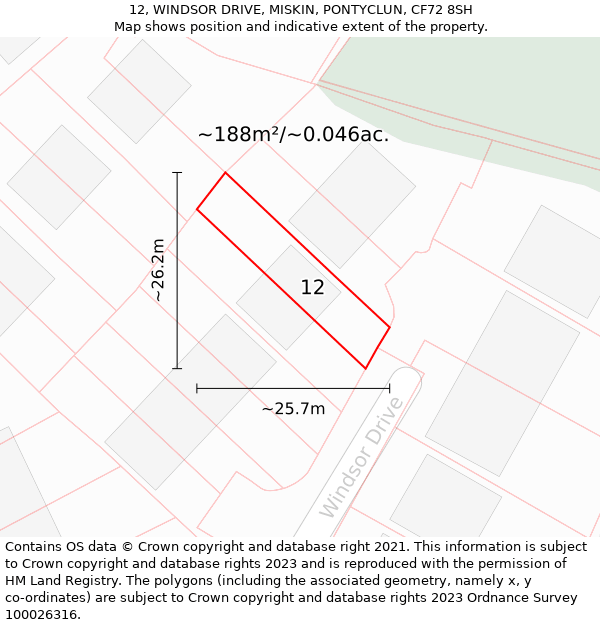 12, WINDSOR DRIVE, MISKIN, PONTYCLUN, CF72 8SH: Plot and title map