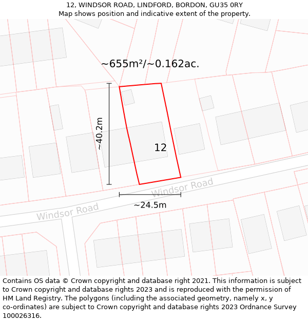 12, WINDSOR ROAD, LINDFORD, BORDON, GU35 0RY: Plot and title map