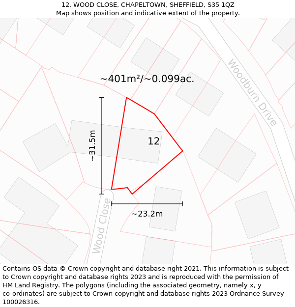 12, WOOD CLOSE, CHAPELTOWN, SHEFFIELD, S35 1QZ: Plot and title map