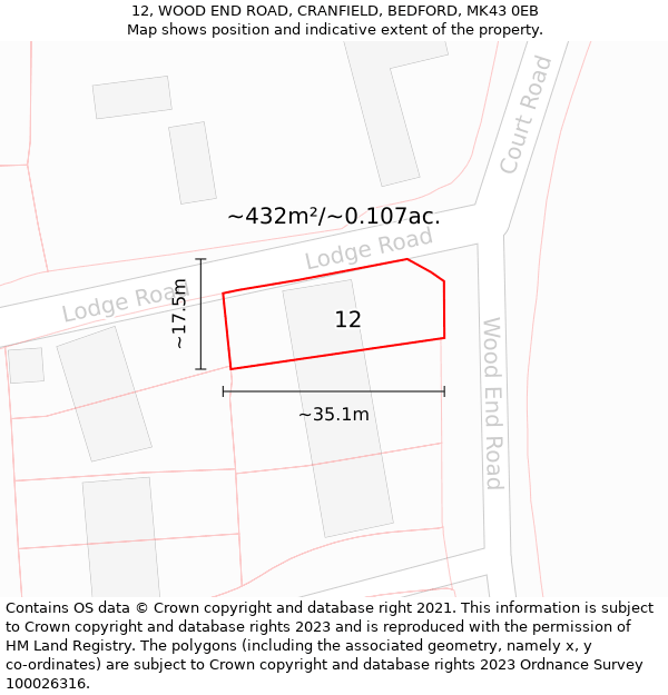 12, WOOD END ROAD, CRANFIELD, BEDFORD, MK43 0EB: Plot and title map