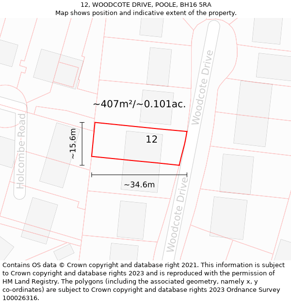 12, WOODCOTE DRIVE, POOLE, BH16 5RA: Plot and title map