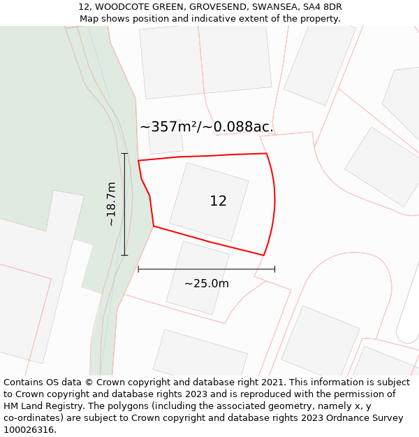 12, WOODCOTE GREEN, GROVESEND, SWANSEA, SA4 8DR: Plot and title map