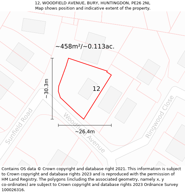 12, WOODFIELD AVENUE, BURY, HUNTINGDON, PE26 2NL: Plot and title map