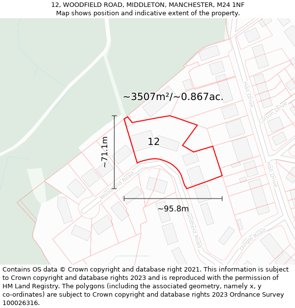 12, WOODFIELD ROAD, MIDDLETON, MANCHESTER, M24 1NF: Plot and title map