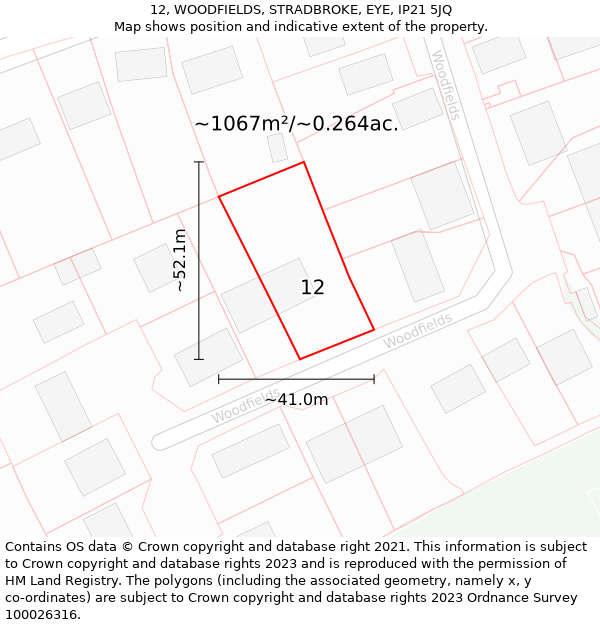 12, WOODFIELDS, STRADBROKE, EYE, IP21 5JQ: Plot and title map