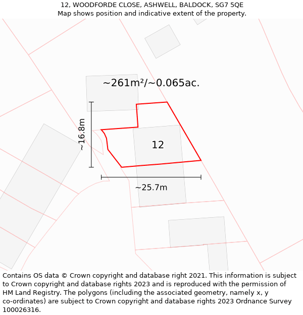 12, WOODFORDE CLOSE, ASHWELL, BALDOCK, SG7 5QE: Plot and title map