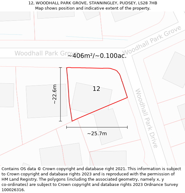 12, WOODHALL PARK GROVE, STANNINGLEY, PUDSEY, LS28 7HB: Plot and title map