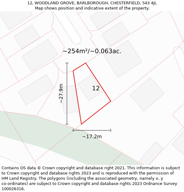 12, WOODLAND GROVE, BARLBOROUGH, CHESTERFIELD, S43 4JL: Plot and title map