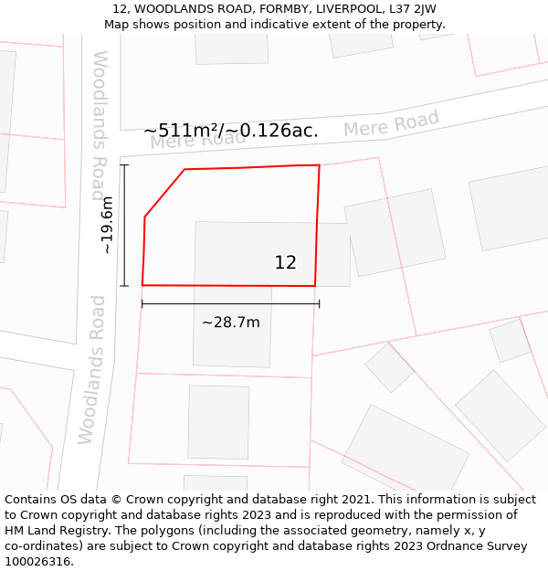 12, WOODLANDS ROAD, FORMBY, LIVERPOOL, L37 2JW: Plot and title map