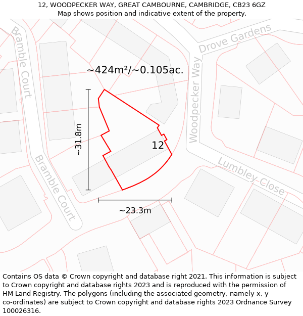 12, WOODPECKER WAY, GREAT CAMBOURNE, CAMBRIDGE, CB23 6GZ: Plot and title map