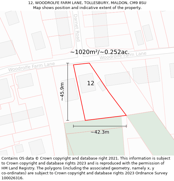 12, WOODROLFE FARM LANE, TOLLESBURY, MALDON, CM9 8SU: Plot and title map