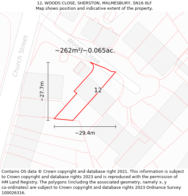 12, WOODS CLOSE, SHERSTON, MALMESBURY, SN16 0LF: Plot and title map