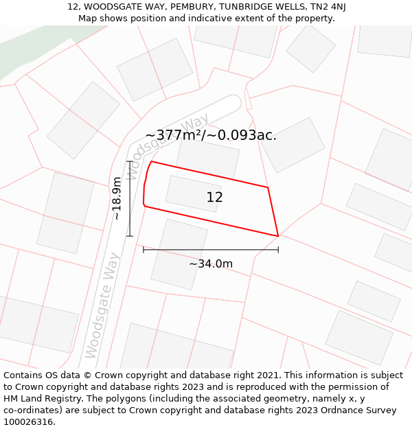 12, WOODSGATE WAY, PEMBURY, TUNBRIDGE WELLS, TN2 4NJ: Plot and title map