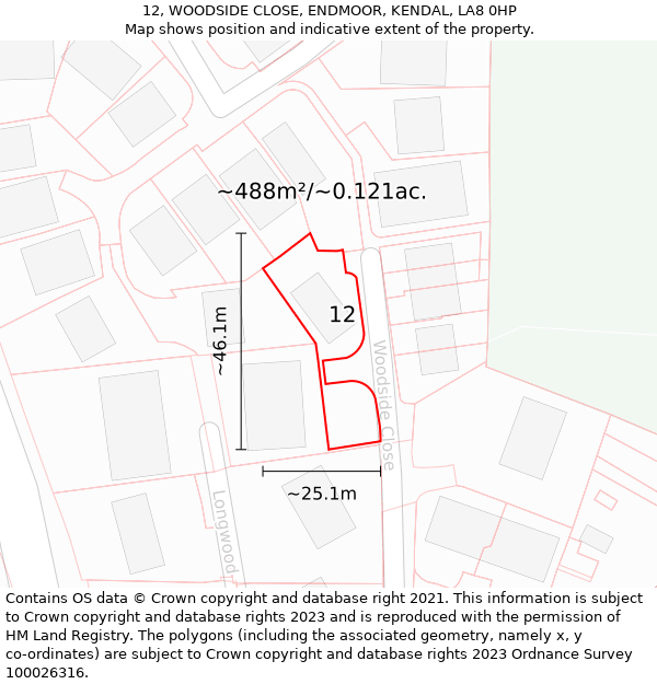 12, WOODSIDE CLOSE, ENDMOOR, KENDAL, LA8 0HP: Plot and title map